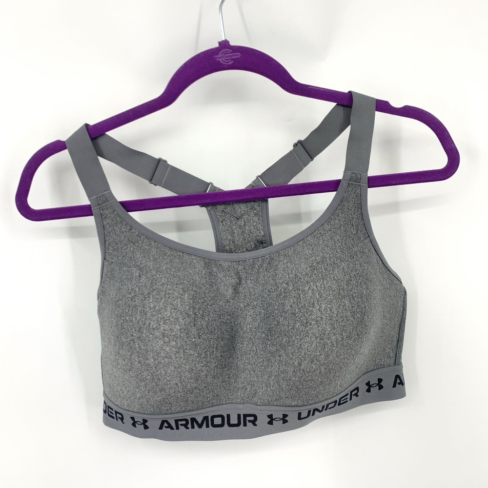 Under Armour Women Size 38D Sports Bra High Crossback Gray Compression Hook Eye‎